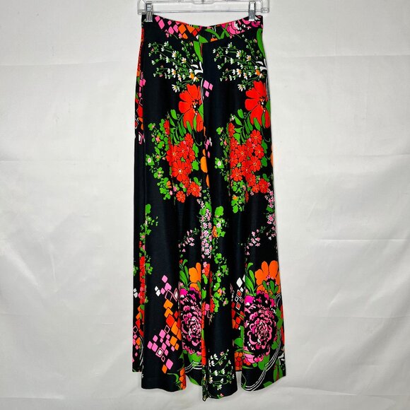 Vintage ALICE Of California Culottes Pants 60s 70s Wide Leg Palazzo Black Floral - Picture 1 of 10